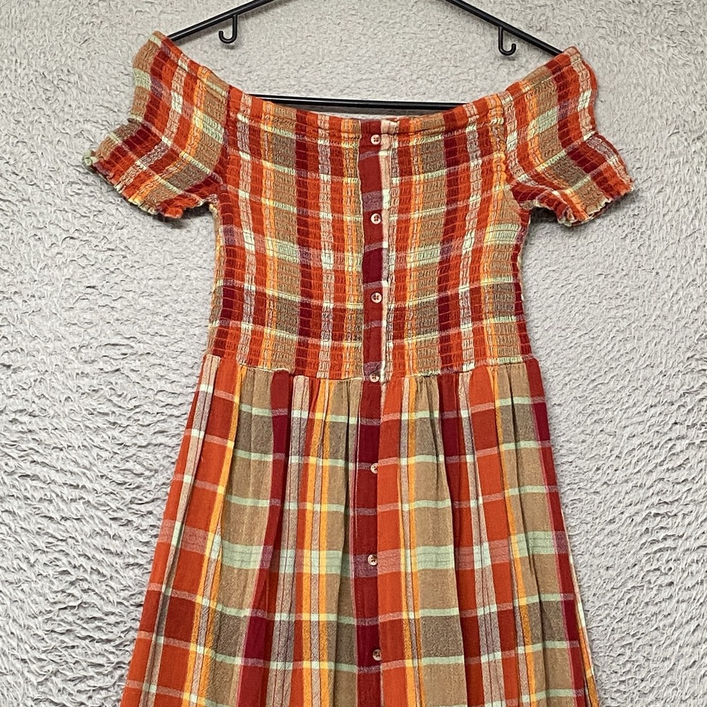 Urban Outfitters Midi Dress Womens Medium Orange Plaid Off Shoulder Smocked - Picture 3 of 15